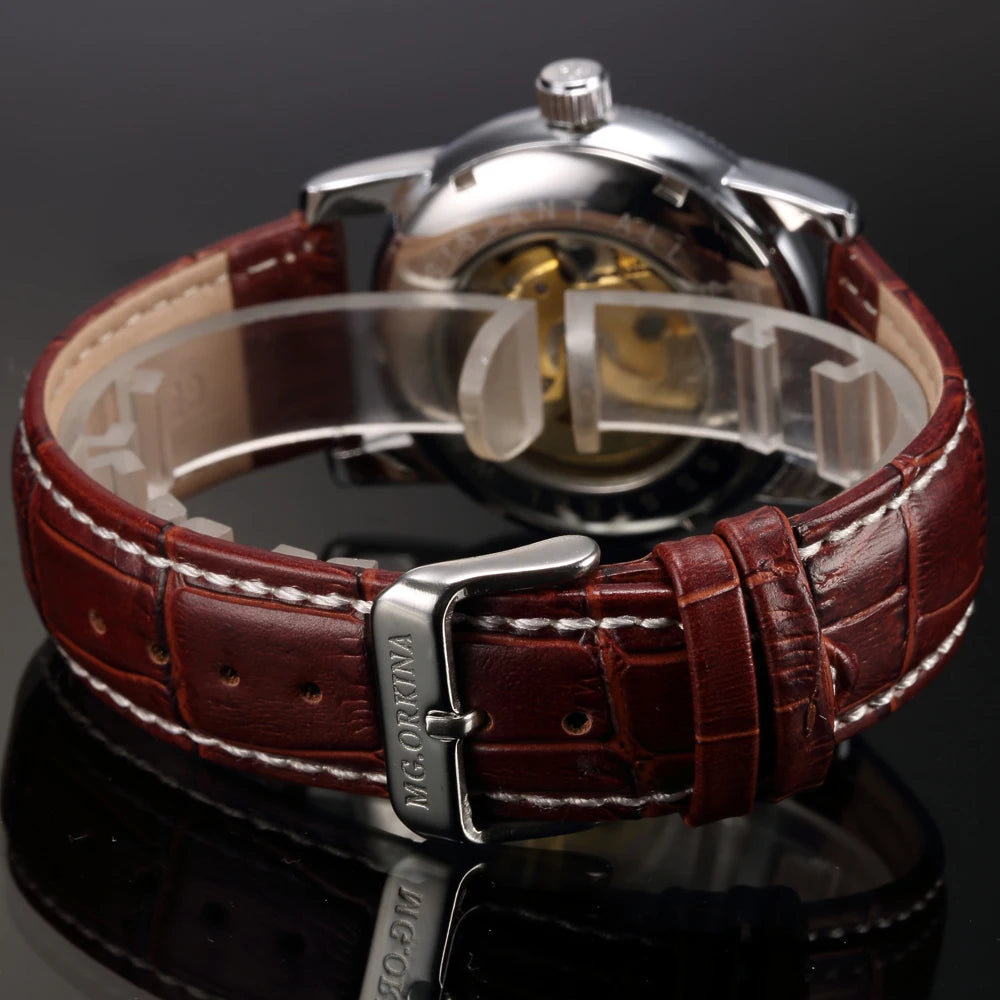 Men Wrist Watches Luxury Golden Skeleton Mechanical Steampunk Male Clock Automatic Wristwatch Leather Strap Herren Horloges - Sun Studio