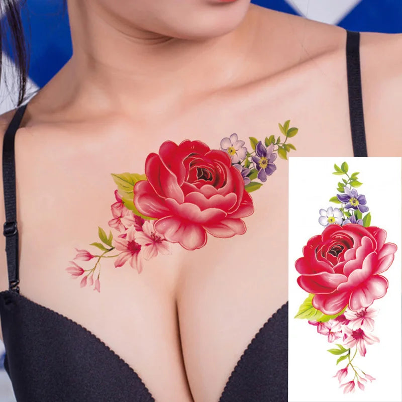 1piece Body art  flash henna tattoo fake temporary tattoos stickers rose peony flowers arm shoulder tattoo waterproof women - Sun Studio