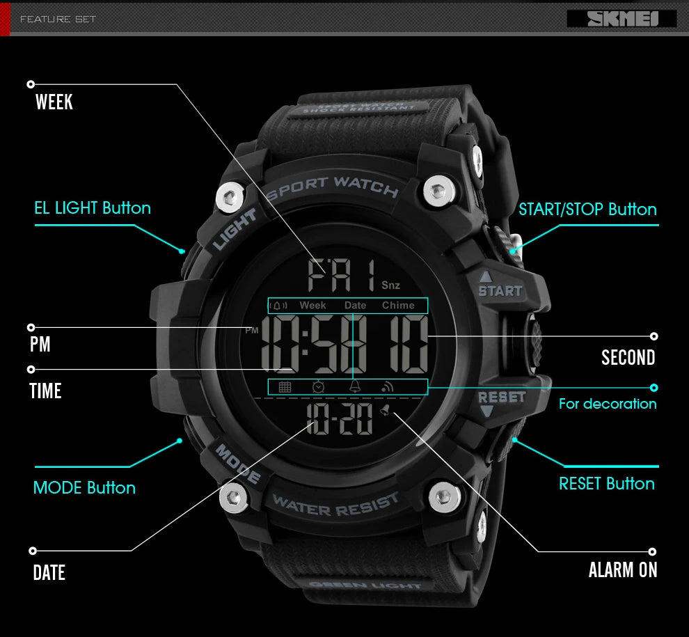 SKMEI Shockproof 2 Time Sport Watch Stopwatch Count Down Mens Digital Watches Waterproof Soft Clock For Male reloj hombre 1384 - Sun Studio