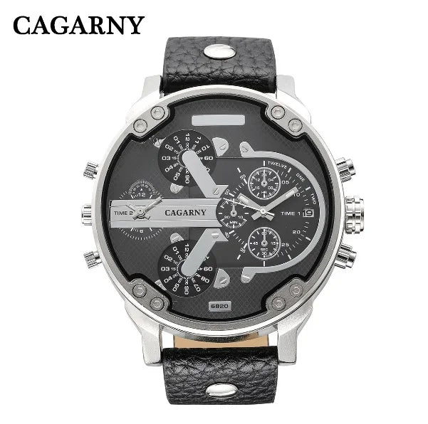 Cagarny Men's Watches Men Fashion Quartz Wristwatches Cool Big Watch Leather Bracelet 2 Times Military Relogio Masculino D6820 - Sun Studio