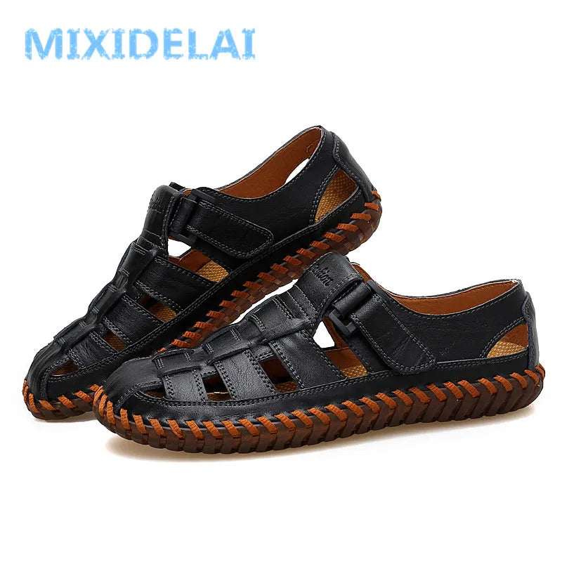 MIXIDELAI Summer Men Sandals 2025 Leisure Beach Men Shoes High Quality Split Leather Sandals The Men's Sandals Big Size 39-47 - Sun Studio