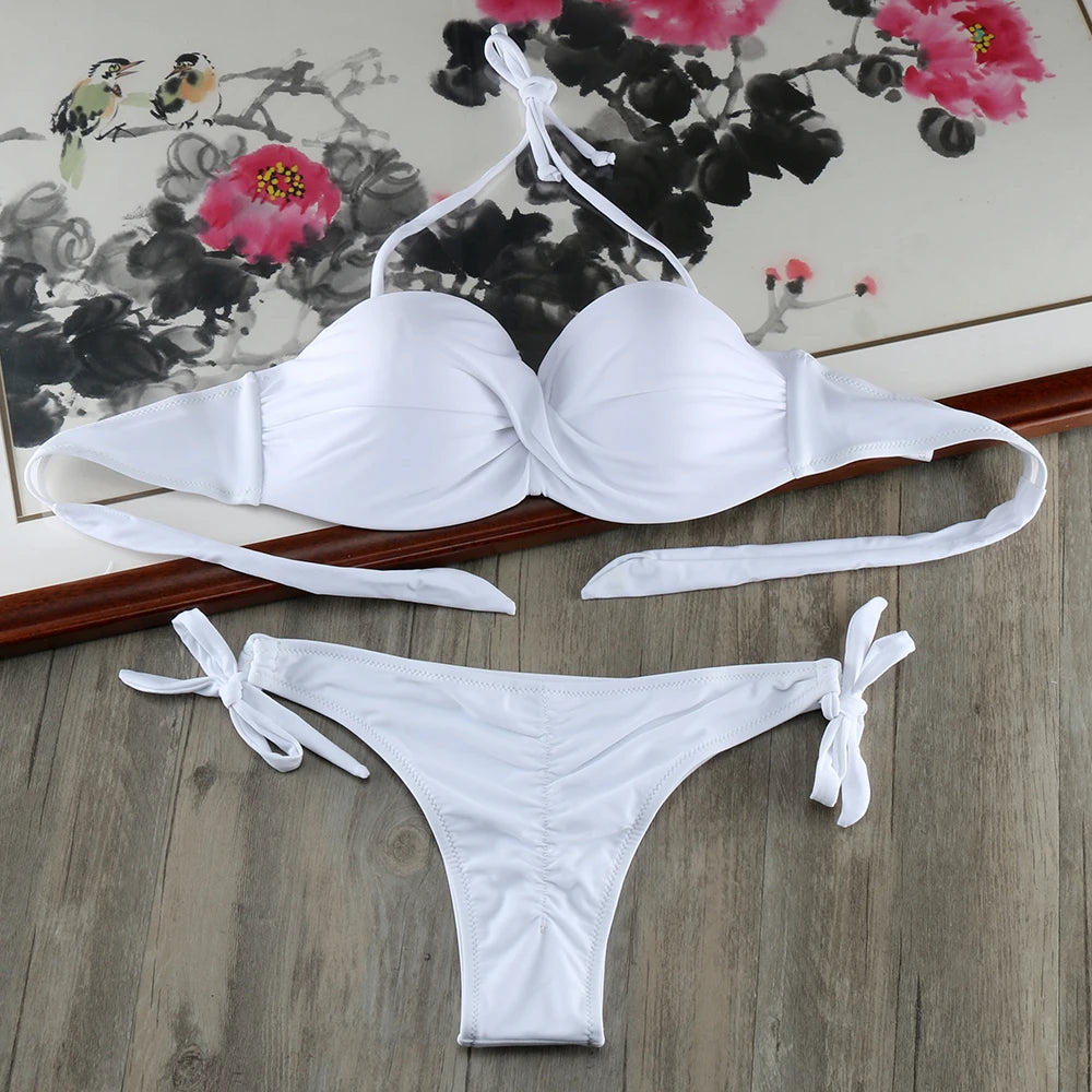 Bikini Solid Strappy Bandage Bikinis Set White Push Up Bikini Swimwear Bandeau Brazilian Swimsuit Bathing Suit Maillot De Bain - Sun Studio