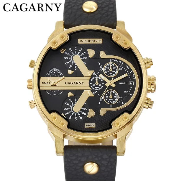 Cagarny Men's Watches Men Fashion Quartz Wristwatches Cool Big Watch Leather Bracelet 2 Times Military Relogio Masculino D6820 - Sun Studio