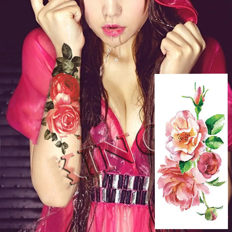 1piece Body art  flash henna tattoo fake temporary tattoos stickers rose peony flowers arm shoulder tattoo waterproof women - Sun Studio