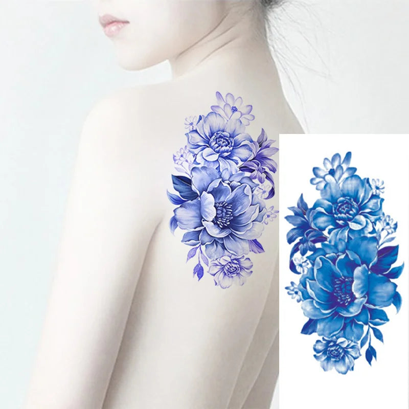 1piece Body art  flash henna tattoo fake temporary tattoos stickers rose peony flowers arm shoulder tattoo waterproof women - Sun Studio