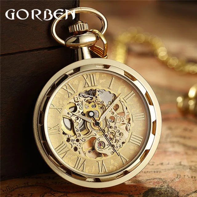 Vintage Watch Necklace Steampunk Skeleton Mechanical Fob Chain Pocket Watches Roman Number Clock Pendant Hand-winding Men Women - Sun Studio