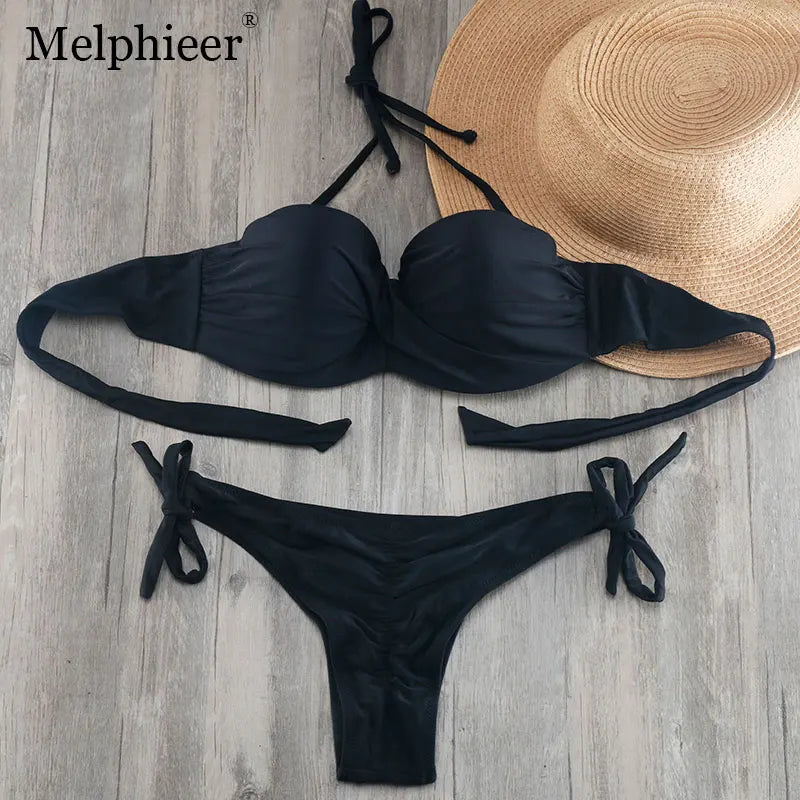Bikini Solid Strappy Bandage Bikinis Set White Push Up Bikini Swimwear Bandeau Brazilian Swimsuit Bathing Suit Maillot De Bain - Sun Studio