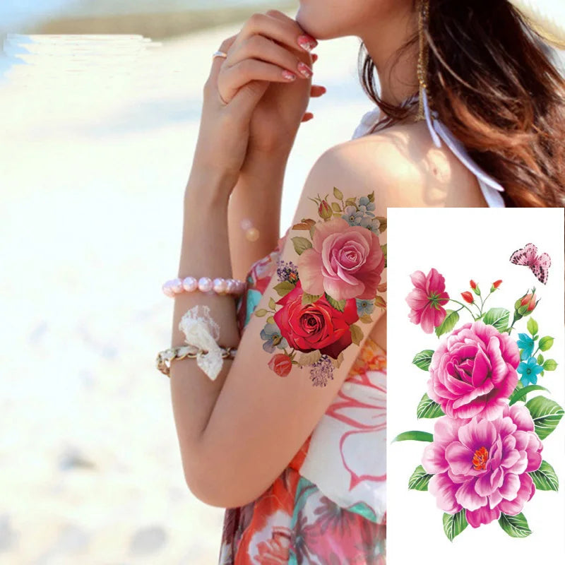 1piece Body art  flash henna tattoo fake temporary tattoos stickers rose peony flowers arm shoulder tattoo waterproof women - Sun Studio