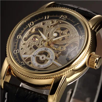 Men Wrist Watches Luxury Golden Skeleton Mechanical Steampunk Male Clock Automatic Wristwatch Leather Strap Herren Horloges - Sun Studio
