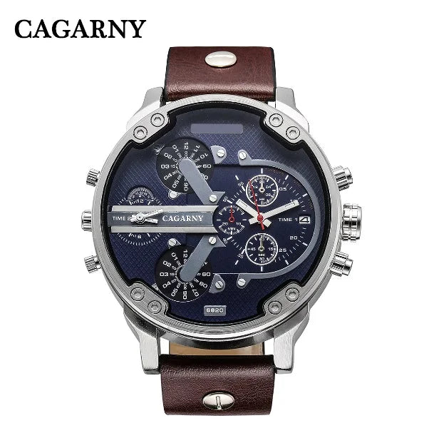 Cagarny Men's Watches Men Fashion Quartz Wristwatches Cool Big Watch Leather Bracelet 2 Times Military Relogio Masculino D6820 - Sun Studio