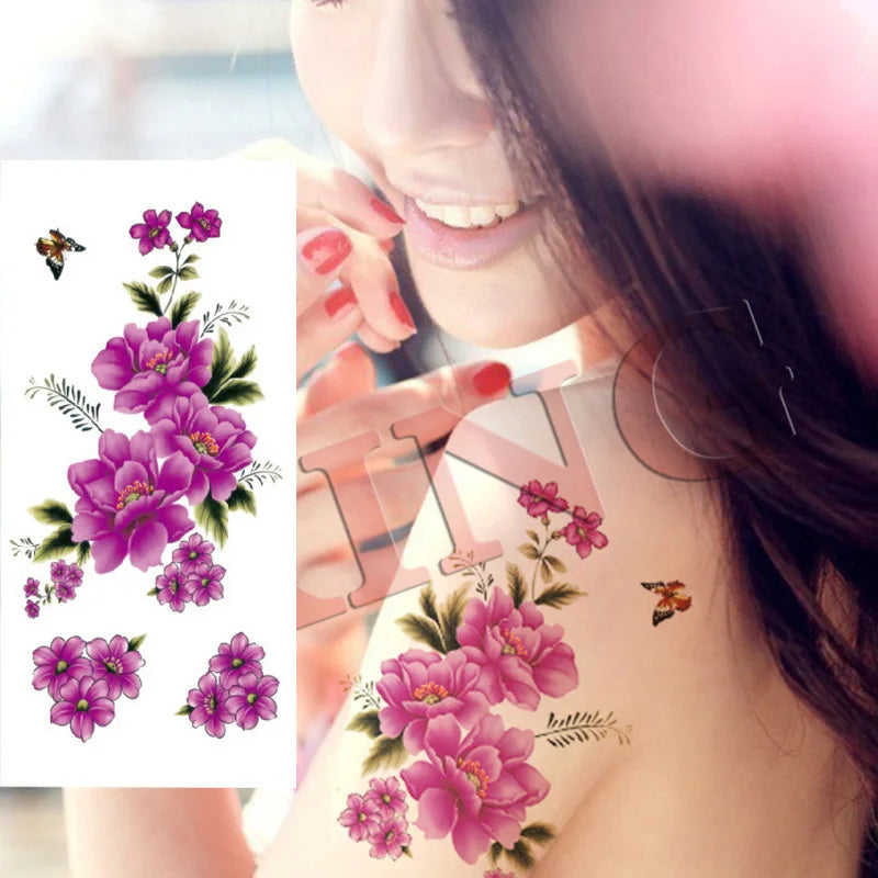 1piece Body art  flash henna tattoo fake temporary tattoos stickers rose peony flowers arm shoulder tattoo waterproof women - Sun Studio