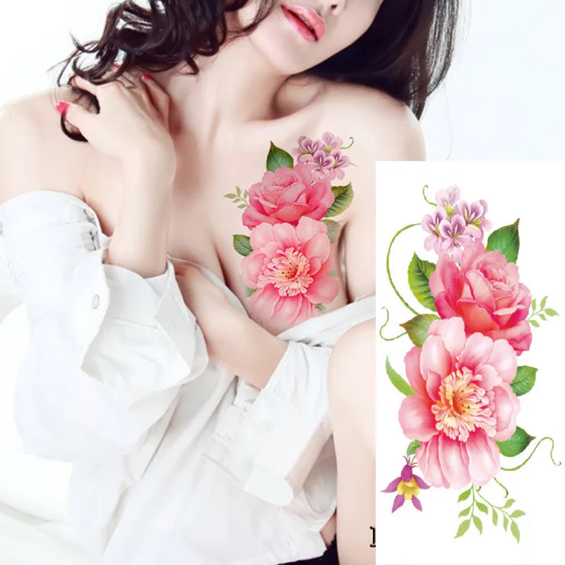 1piece Body art  flash henna tattoo fake temporary tattoos stickers rose peony flowers arm shoulder tattoo waterproof women - Sun Studio
