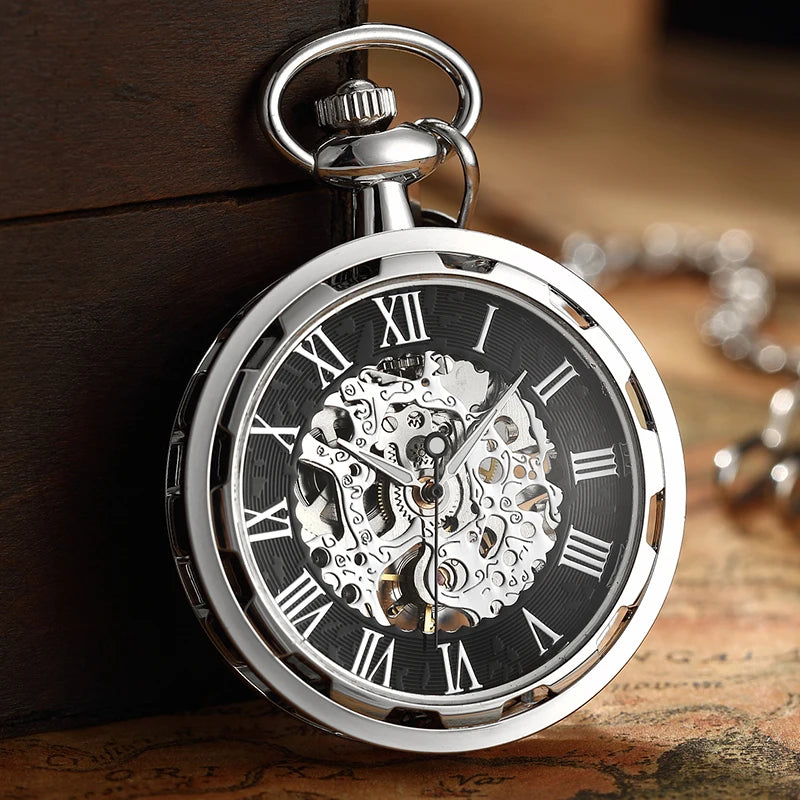 Vintage Watch Necklace Steampunk Skeleton Mechanical Fob Chain Pocket Watches Roman Number Clock Pendant Hand-winding Men Women - Sun Studio