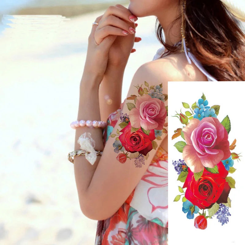 1piece Body art  flash henna tattoo fake temporary tattoos stickers rose peony flowers arm shoulder tattoo waterproof women - Sun Studio
