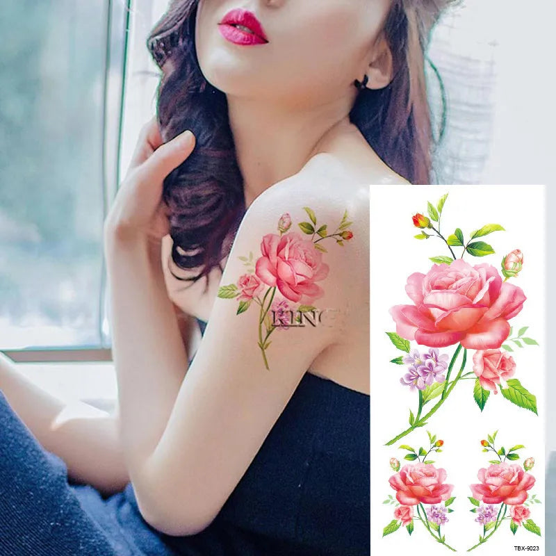 1piece Body art  flash henna tattoo fake temporary tattoos stickers rose peony flowers arm shoulder tattoo waterproof women - Sun Studio