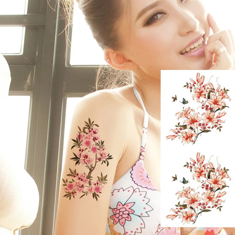1piece Body art  flash henna tattoo fake temporary tattoos stickers rose peony flowers arm shoulder tattoo waterproof women - Sun Studio