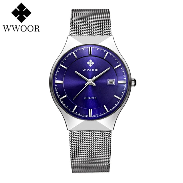 WWOOR Mens Watches Ultra-thin Quartz Auto Date WristWatch Men Top Brand Luxury Stainless Steel Business Waterproof Reloj Hombre - Sun Studio