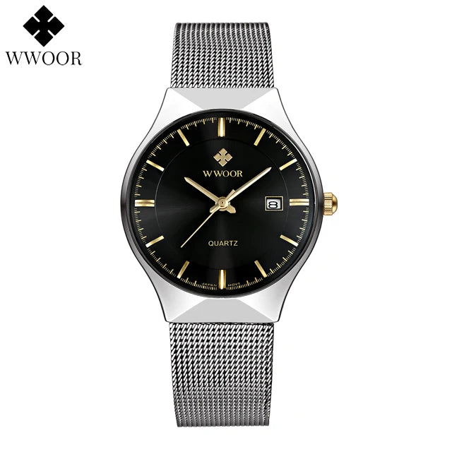 WWOOR Mens Watches Ultra-thin Quartz Auto Date WristWatch Men Top Brand Luxury Stainless Steel Business Waterproof Reloj Hombre - Sun Studio
