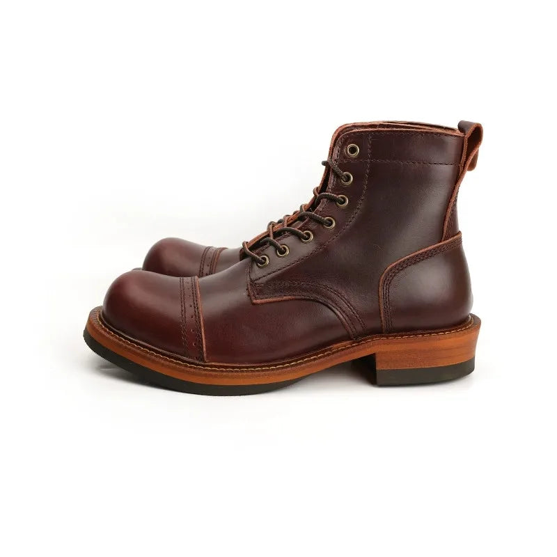New Japanese Vintage Designer Handmade Tooling Men Casual Shoes Cow Leather Round Toe Wings Ankle Boots Motorcycle Boots Winter - Sun Studio