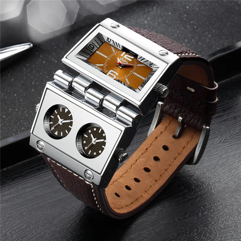 OULM 9525 Big Unique Design Male Watch Three Time Zone Unique Men's Military Watches Punk Style Leather Strap Wristwatch - Sun Studio