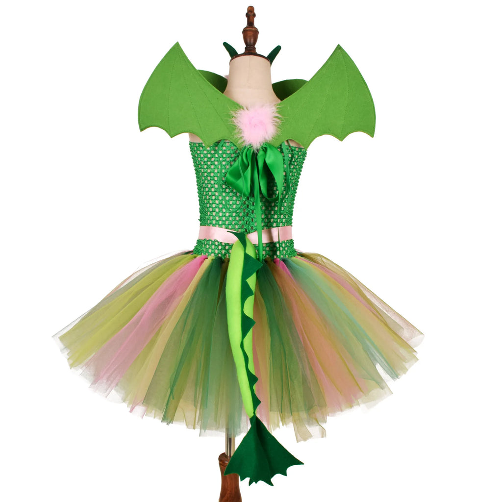 Green Kids Girls Dinosaur Cosplay Dresses Birthday Party Tutu Dresses for Baby Cartoon Princess Girls Costumes Set for Halloween - Sun Studio