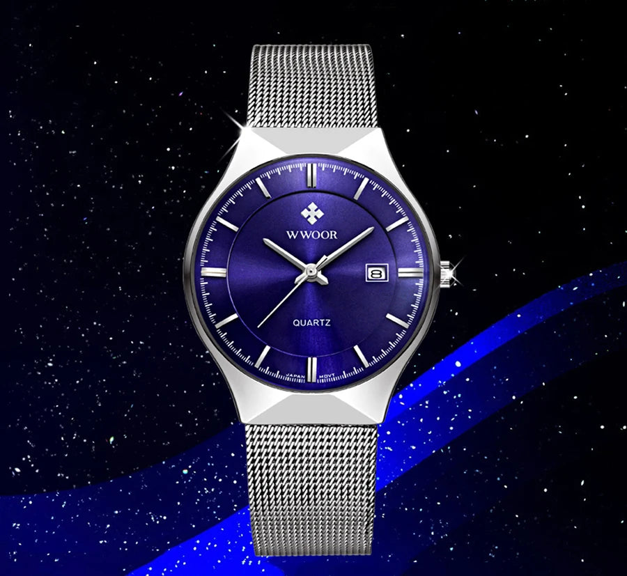 WWOOR Mens Watches Ultra-thin Quartz Auto Date WristWatch Men Top Brand Luxury Stainless Steel Business Waterproof Reloj Hombre - Sun Studio