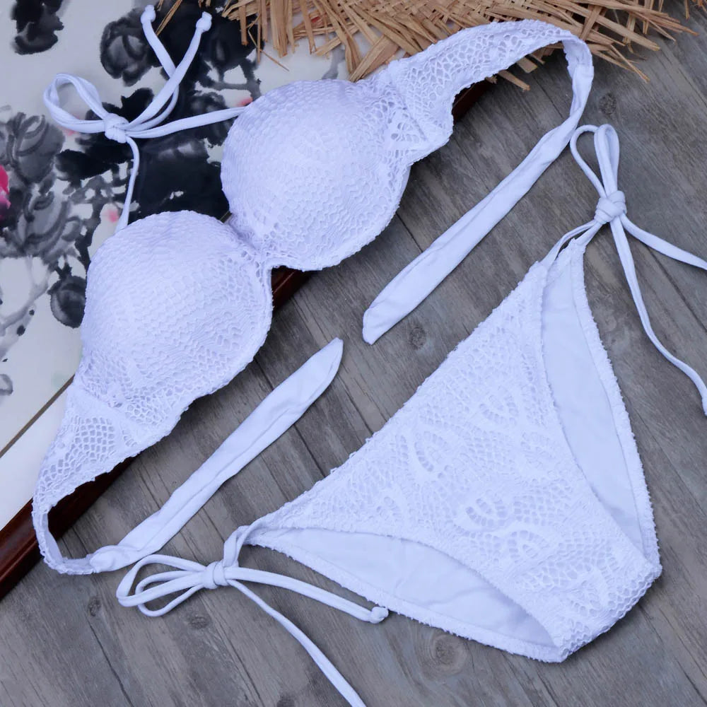 Bikini Solid Strappy Bandage Bikinis Set White Push Up Bikini Swimwear Bandeau Brazilian Swimsuit Bathing Suit Maillot De Bain - Sun Studio