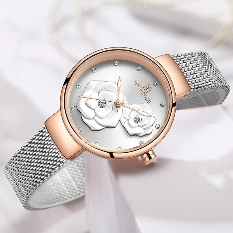 Women Watch NAVIFORCE Top Luxury Brand Steel Mesh Waterproof Ladies Watches Flower Quartz Female Wristwatch Charming Girl Clock - Sun Studio