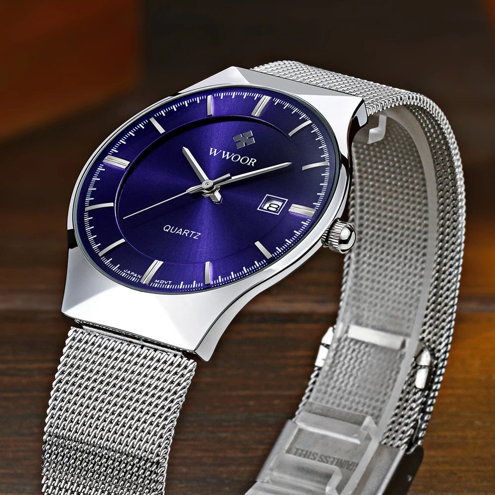 WWOOR Mens Watches Ultra-thin Quartz Auto Date WristWatch Men Top Brand Luxury Stainless Steel Business Waterproof Reloj Hombre - Sun Studio