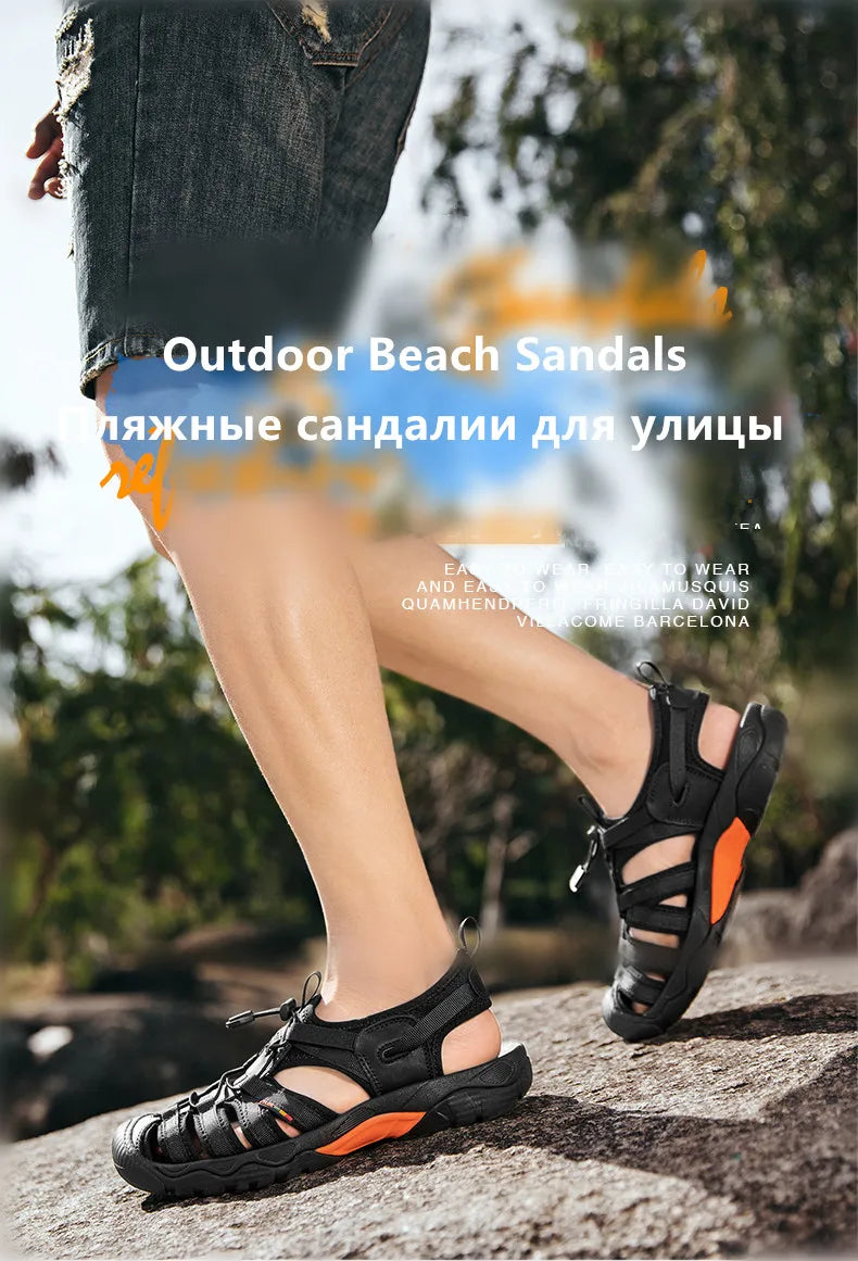 New Summer Genuine Leather Men Sandals Fashion Design Breathable Casual Shoes Men Soft Bottom Outdoor Beach Sandals Big Size 48 - Sun Studio