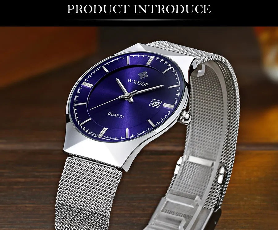 WWOOR Mens Watches Ultra-thin Quartz Auto Date WristWatch Men Top Brand Luxury Stainless Steel Business Waterproof Reloj Hombre - Sun Studio