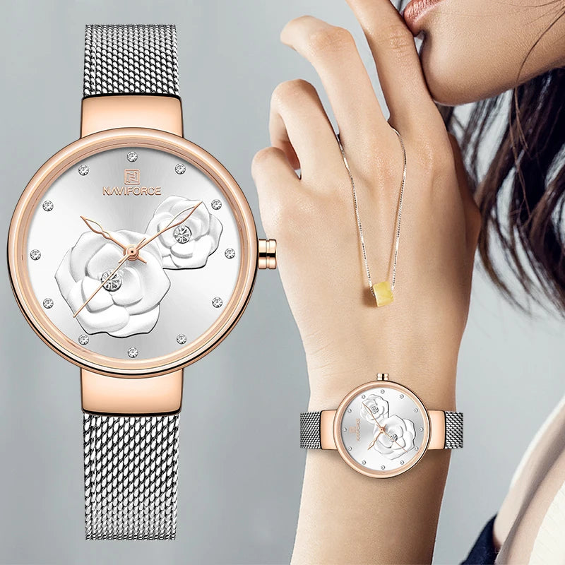 Women Watch NAVIFORCE Top Luxury Brand Steel Mesh Waterproof Ladies Watches Flower Quartz Female Wristwatch Charming Girl Clock - Sun Studio
