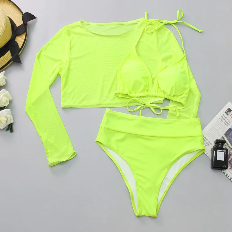 2024 Neon Yellow Crop Top Swimwear Women Summer Sexy Beachwear Mesh Long Sleeve Cover Ups Top Three Piece Swimsuit Bikini Set - Sun Studio