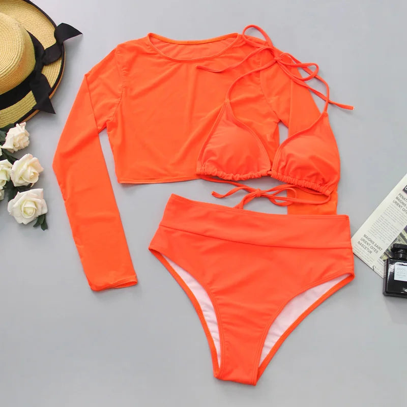 2024 Neon Yellow Crop Top Swimwear Women Summer Sexy Beachwear Mesh Long Sleeve Cover Ups Top Three Piece Swimsuit Bikini Set - Sun Studio