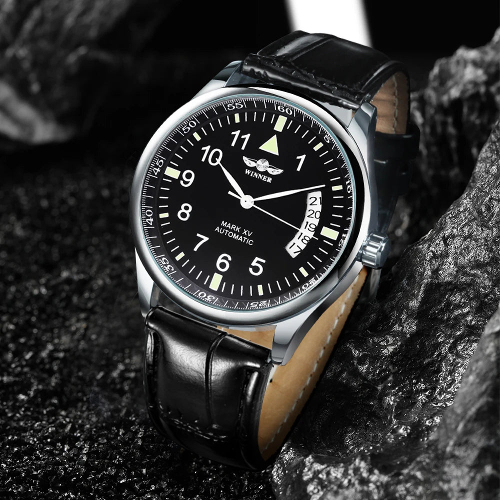 WINNER Business Automatic Watch for Men Fashion Calendar Window Black Dial Casual Leather Strap Luxury Brand Mechanical Watches - Sun Studio