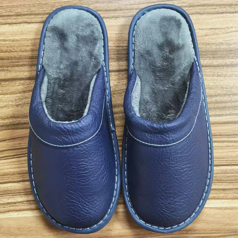 Classic PU Leather Slippers Male Indoor Unisex Shoes Men 2021 Fashion Man Leather Shoes Home Slippers Waterproof Man House Shoes - Sun Studio