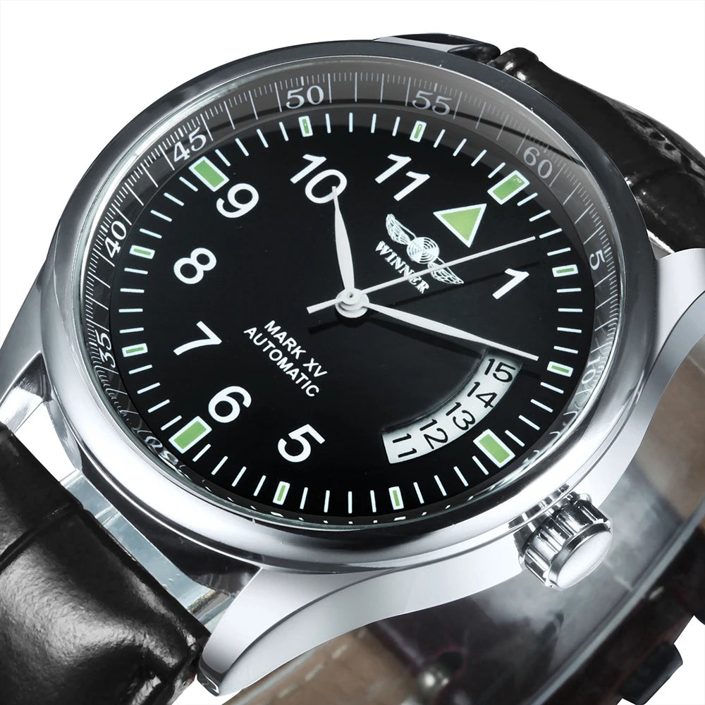 WINNER Business Automatic Watch for Men Fashion Calendar Window Black Dial Casual Leather Strap Luxury Brand Mechanical Watches - Sun Studio