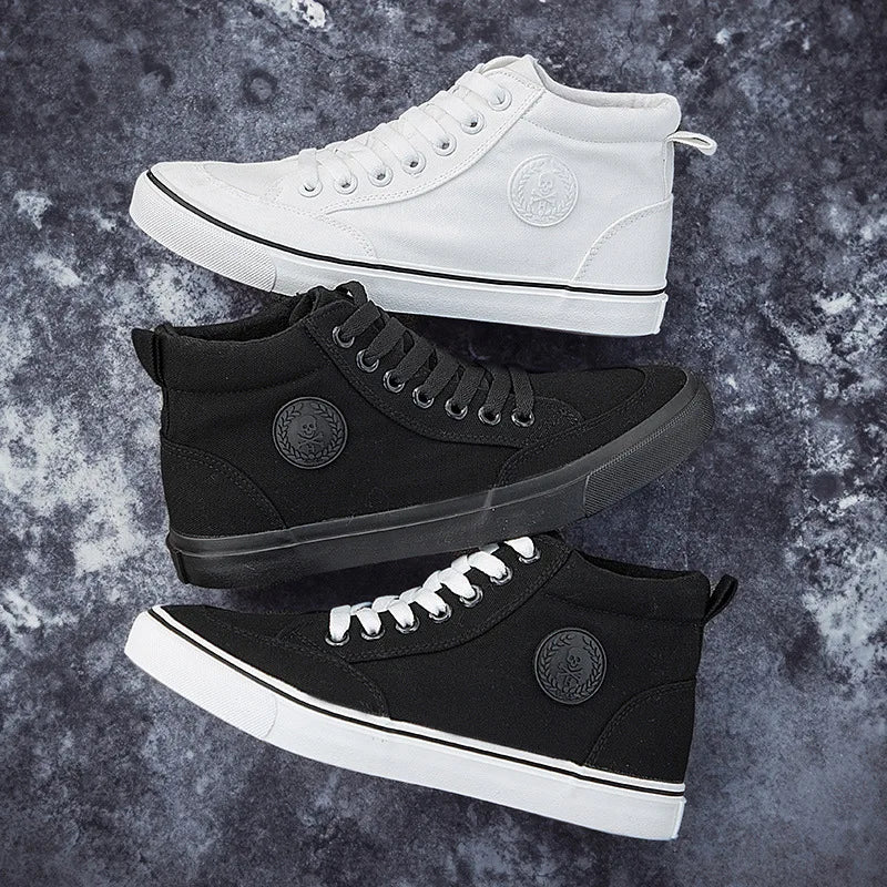 New Arrival Summer Fashion Men Flats Shoes All Black White Red Casual Shoes Mens Canvas Shoes Lace-Up High Top Black Shoes - Sun Studio