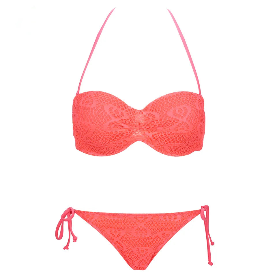 Bikini Solid Strappy Bandage Bikinis Set White Push Up Bikini Swimwear Bandeau Brazilian Swimsuit Bathing Suit Maillot De Bain - Sun Studio