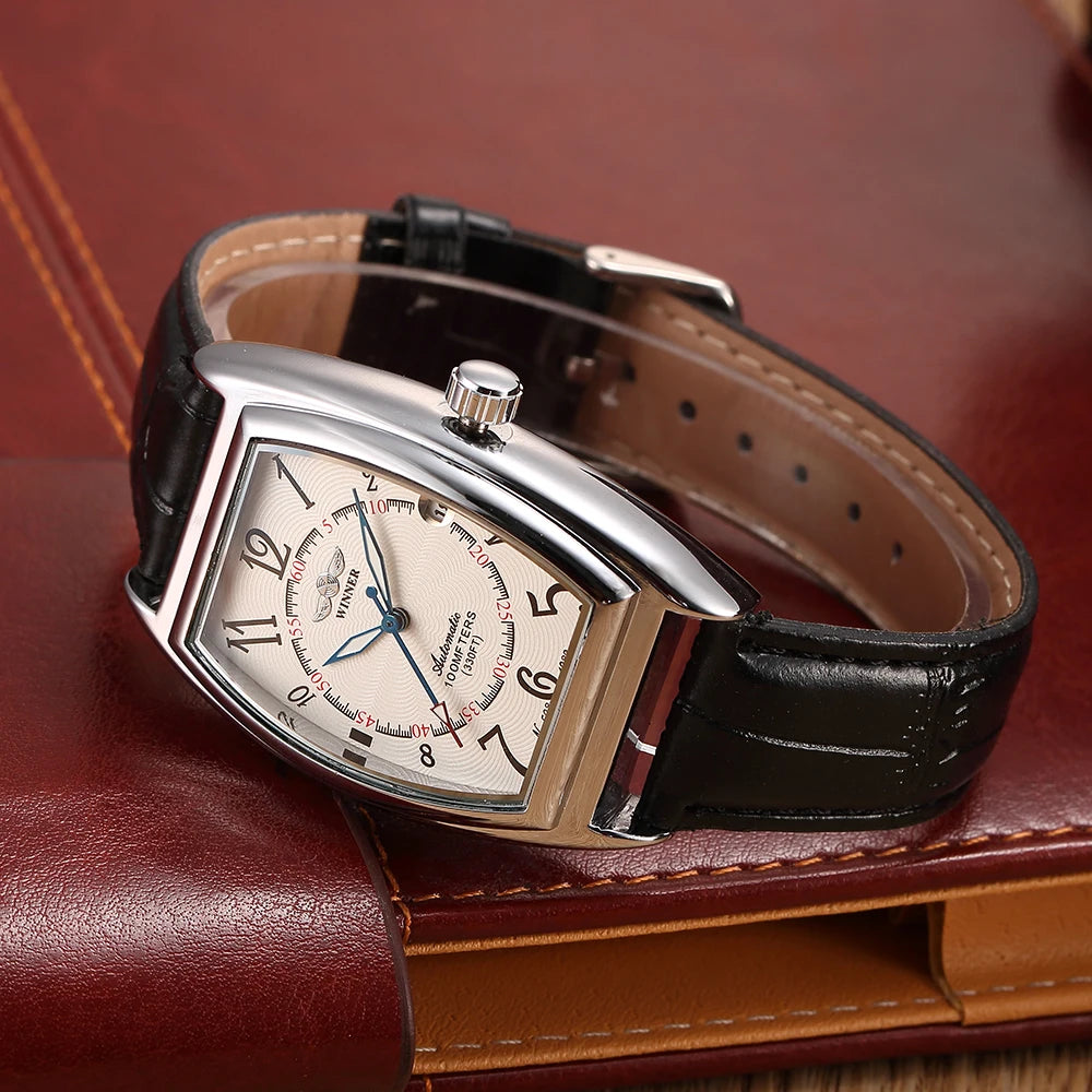 Classic Mens Watches Top Luxury Tonneau Case Automatic Wristwatches Vintage Leather Strap Auto Date Mechanical Retro Male Clock - Sun Studio