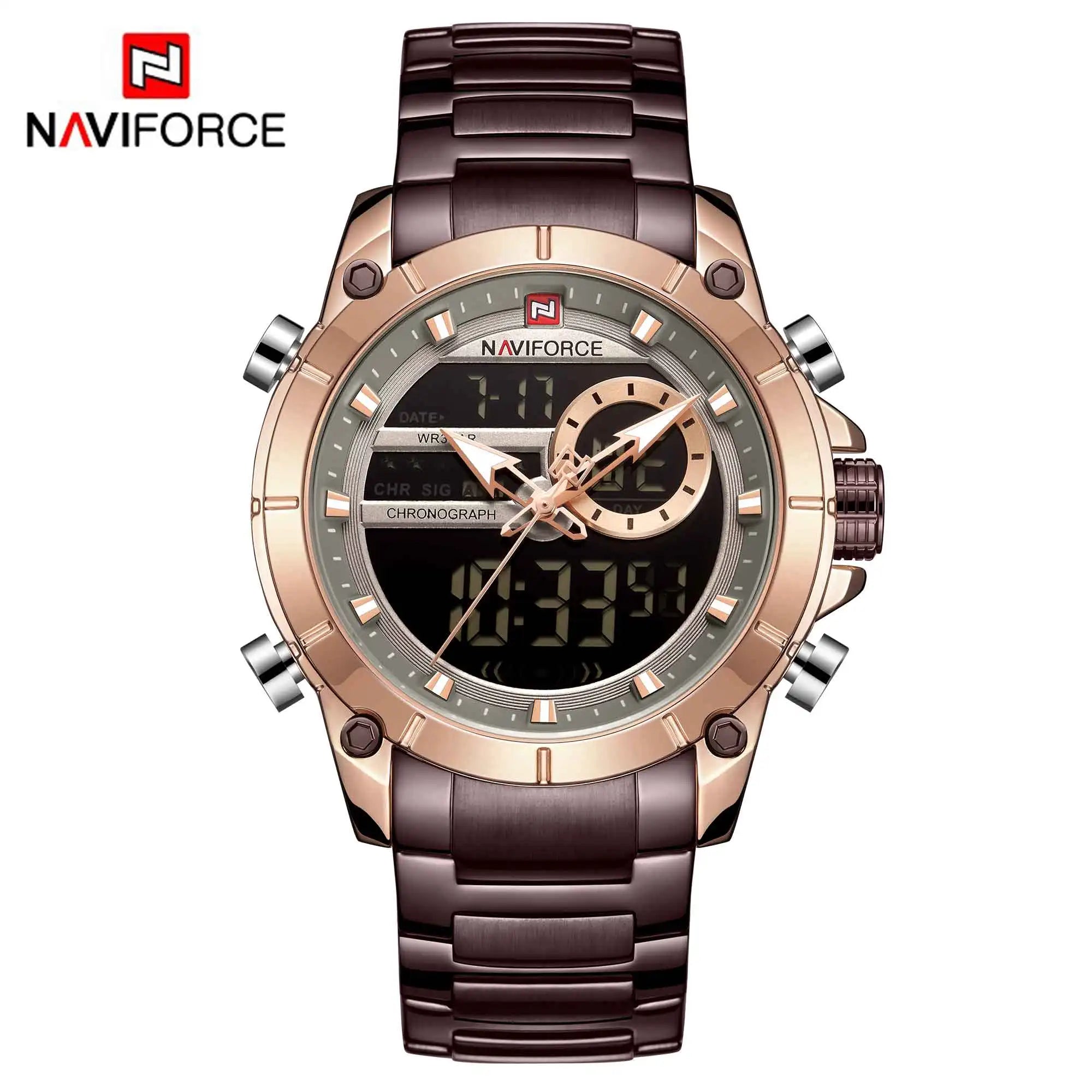 Luxury Brand NAVIFORCE Sport Watches For Men Fashion Gold Quartz WristWatch Steel Band Digital Chronograph Waterproof Clock 9163 - Sun Studio