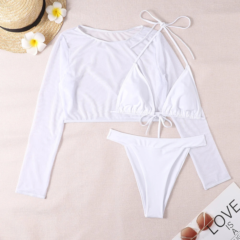 2024 Neon Yellow Crop Top Swimwear Women Summer Sexy Beachwear Mesh Long Sleeve Cover Ups Top Three Piece Swimsuit Bikini Set - Sun Studio