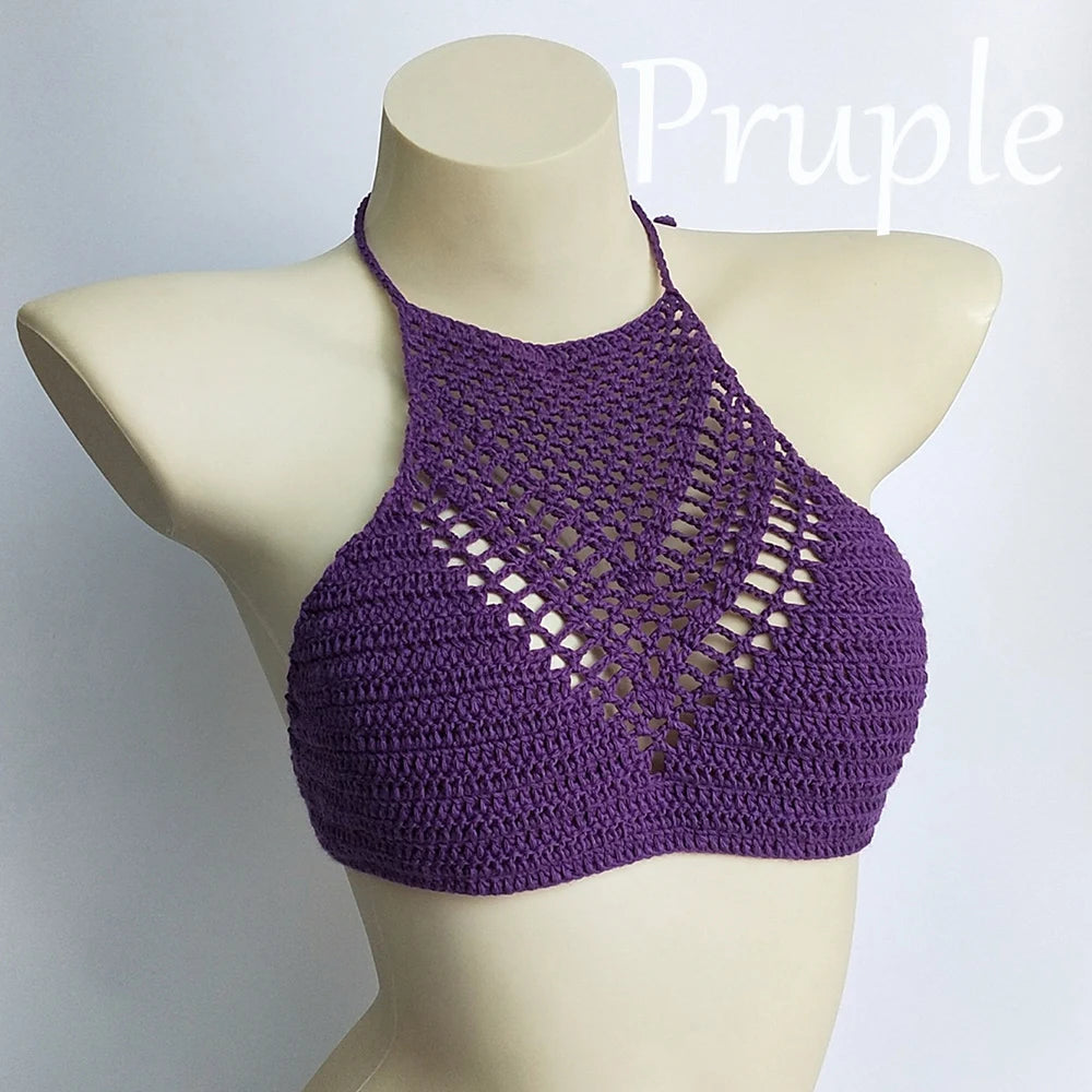 Women Sexy Bikini Tops High Neck Hollow Out Halter Swimwear Crochet Separate Swimsuit Bikini Bra Hot Sale - Sun Studio
