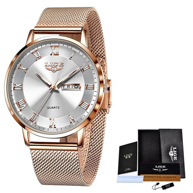 LIGE Fashion Women Watch Top Brand Luxury Ultra-Thin Mesh Watch For Women Casual Sport Quartz Date Chronograph Watches Feminino - Sun Studio