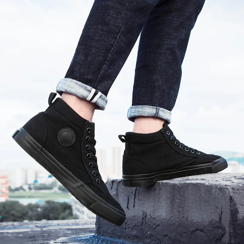 New Arrival Summer Fashion Men Flats Shoes All Black White Red Casual Shoes Mens Canvas Shoes Lace-Up High Top Black Shoes - Sun Studio
