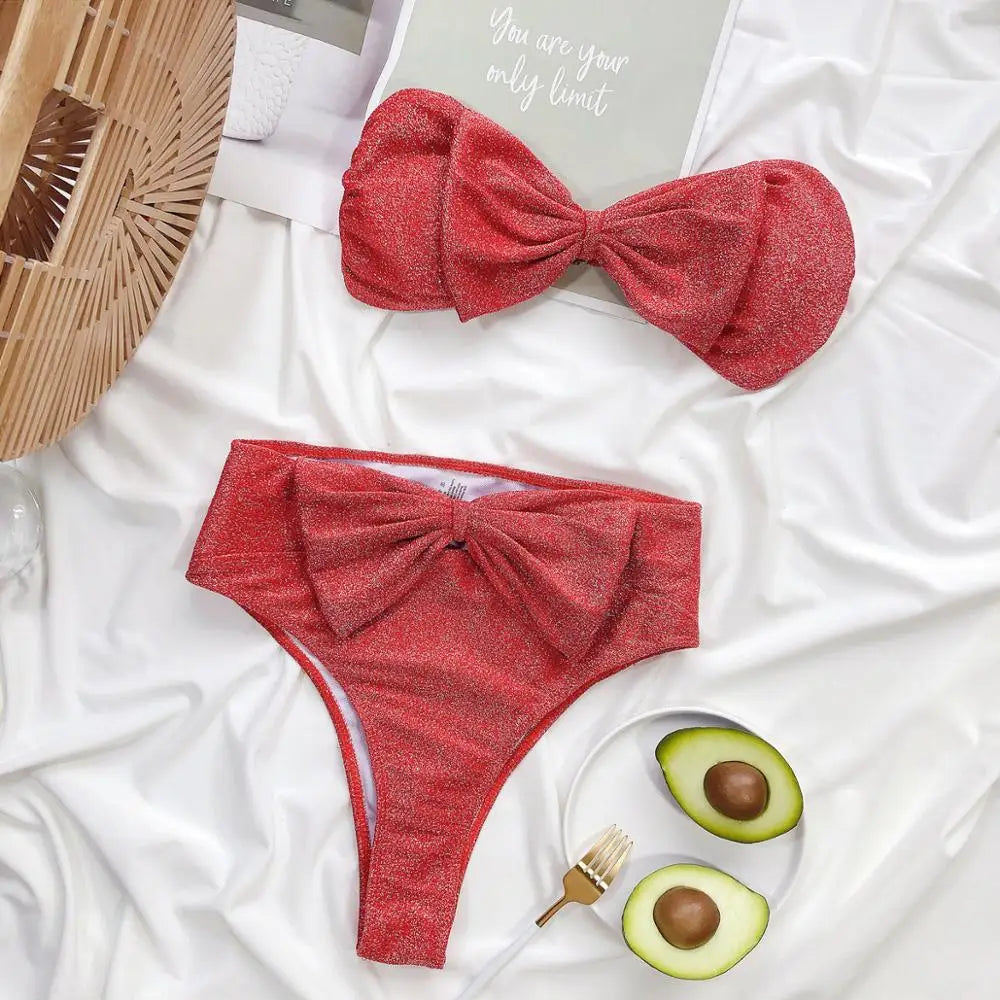 2024 Bow Bandeau High Waist Bikini Female Swimsuit Women Swimwear Two-piece Bikini set Strapless Bather Bathing Suit Swim Lady - Sun Studio