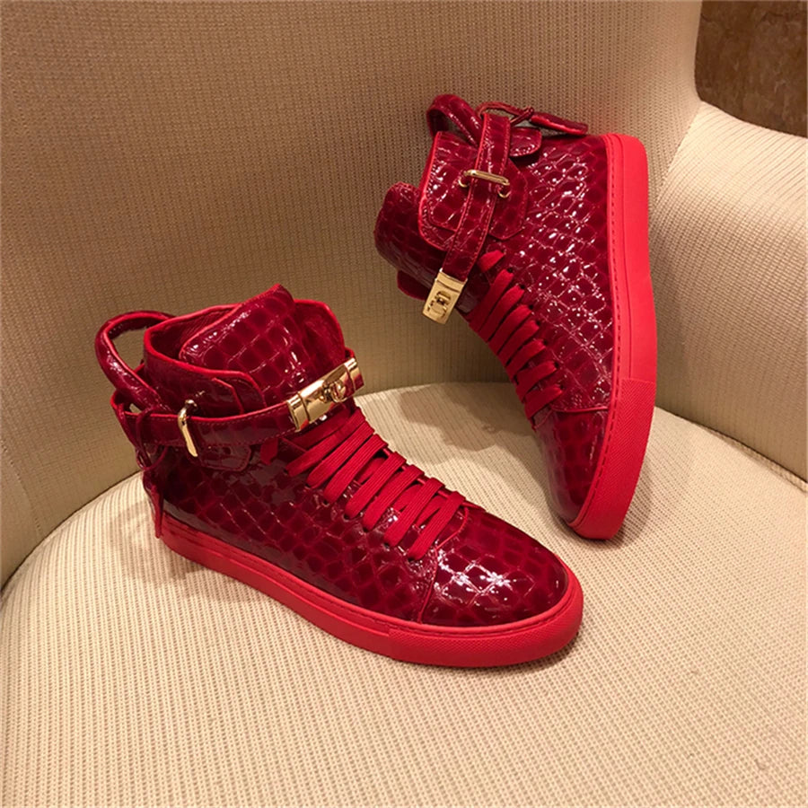 High-Top Sneakers Men Embossed Metal Lock Lace Red Metal Cow Leather Fashion Platform Casual Shoes High Quality - Sun Studio