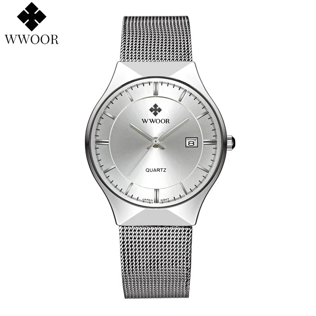 WWOOR Mens Watches Ultra-thin Quartz Auto Date WristWatch Men Top Brand Luxury Stainless Steel Business Waterproof Reloj Hombre - Sun Studio