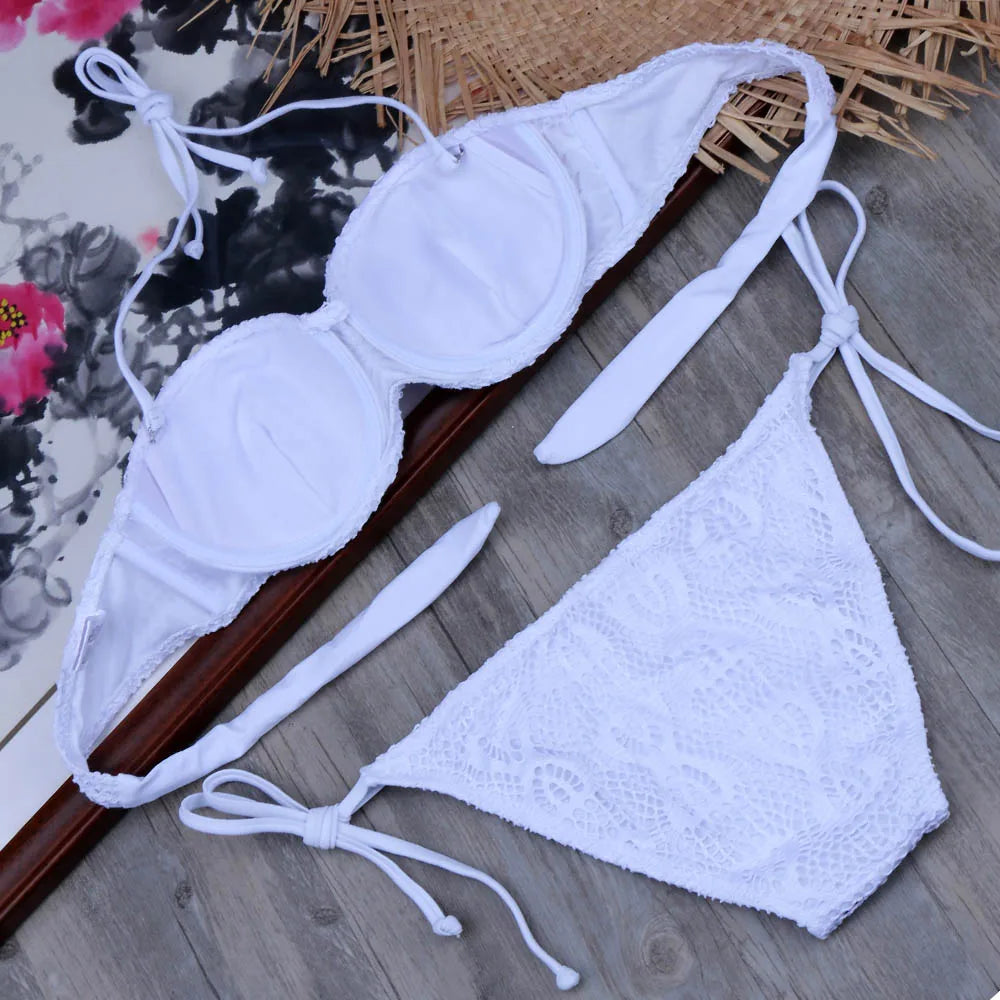 Bikini Solid Strappy Bandage Bikinis Set White Push Up Bikini Swimwear Bandeau Brazilian Swimsuit Bathing Suit Maillot De Bain - Sun Studio