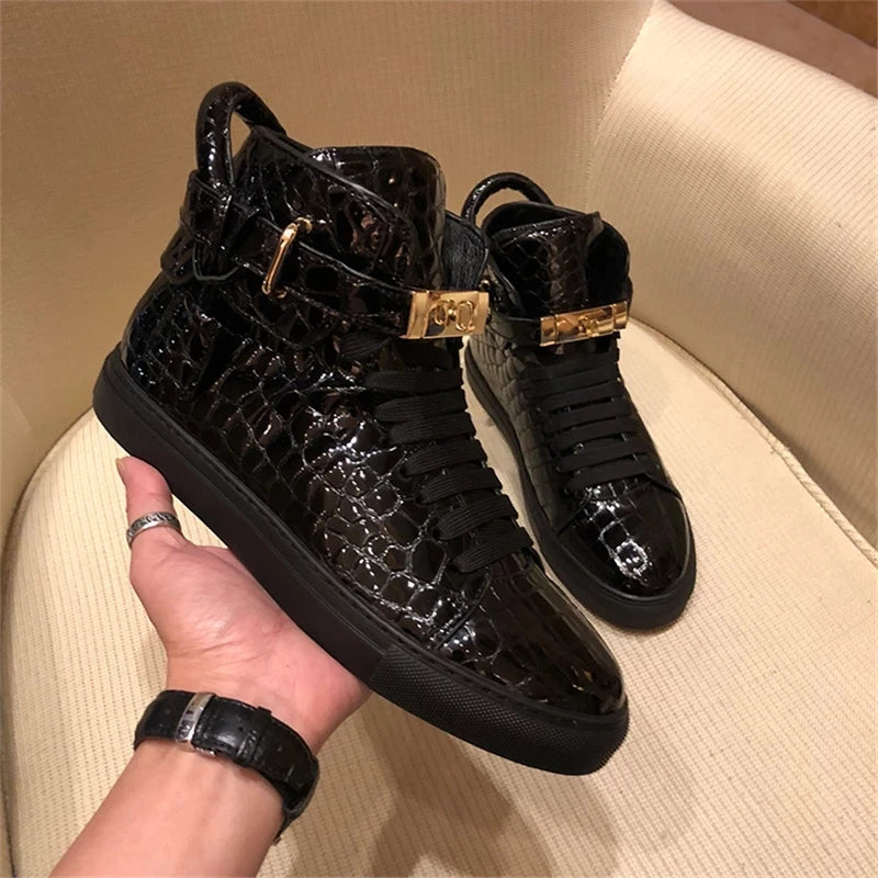 High-Top Sneakers Men Embossed Metal Lock Lace Red Metal Cow Leather Fashion Platform Casual Shoes High Quality - Sun Studio